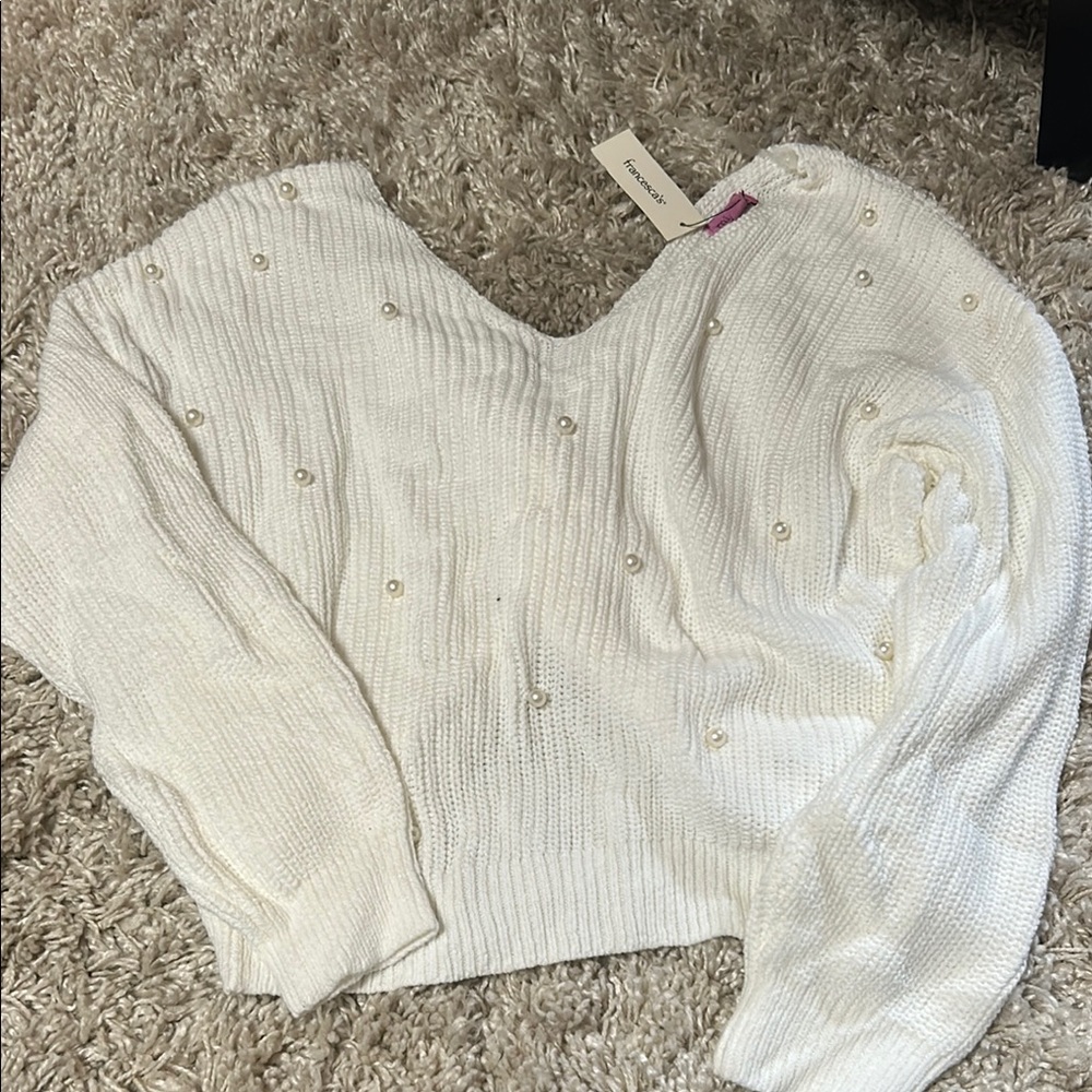 Francesca's Collections White V-Neck Sweater Ribbed Knit